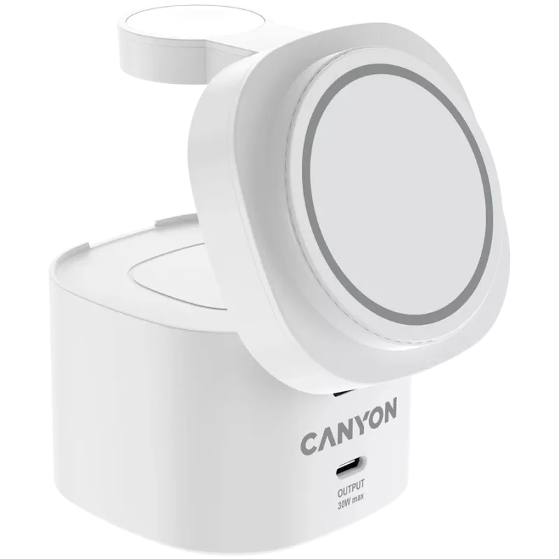 Canyon 4-in-1 kabellose Ladestation, max. 30 W, Größe: 70x70x70,3 mm, Gewicht: 414 g, mit 65-W-Netzteil und 1 m Kabel, weiß