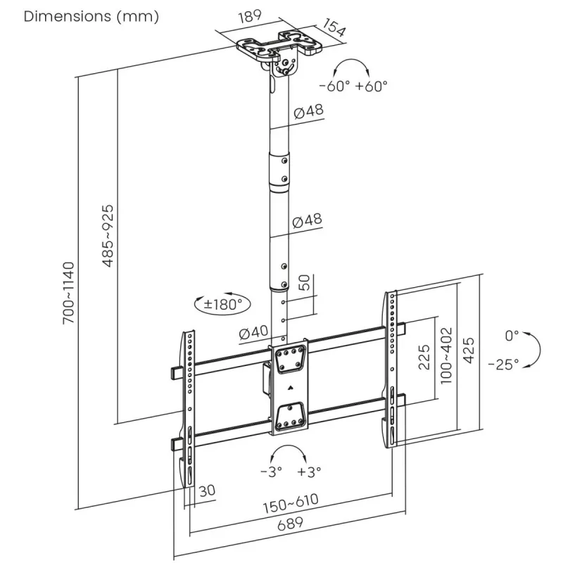 Decken-TV-Halterung MACLEAN MC-112B, max. Traglast 60 kg, neigbar und schwenkbar
