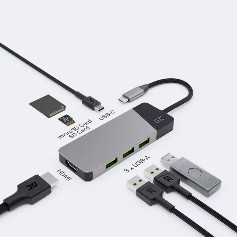 USB‑Typ‑C‑Hub Grün Cell HUBGC01 — 7 Anschlüsse: 3×USB‑A 3.2 Gen 1, 1×USB‑C 3.2 Gen 1, HDMI, microSD+SD-Kartenleser — Silber
