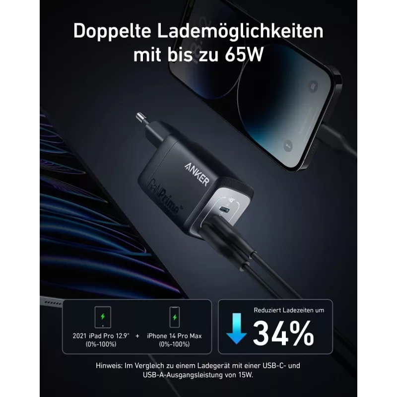 Indoor USB-Schnellladegerät Anker Prime A2669313 – 67 W, 1×USB-A, 2×USB-C, Schwarz