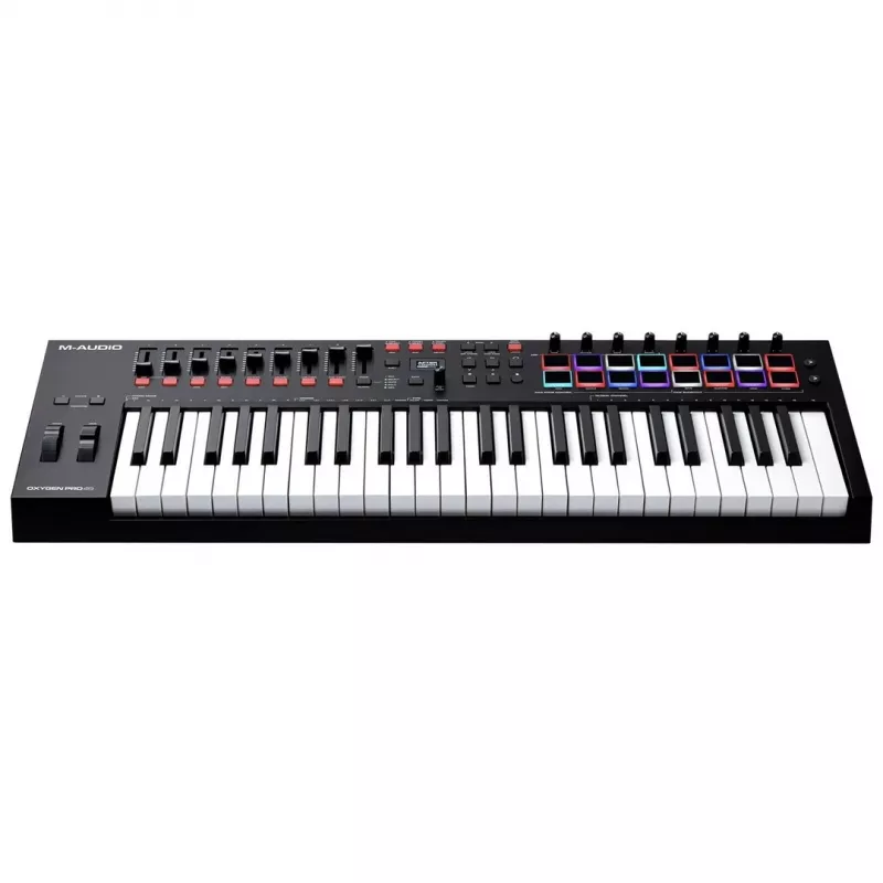 M-Audio Oxygen Pro 49 MIDI-Tastatur-Controller — 49 Tasten, 16 Pads, 9 Fader, OLED-Display, USB, MIDI-Out