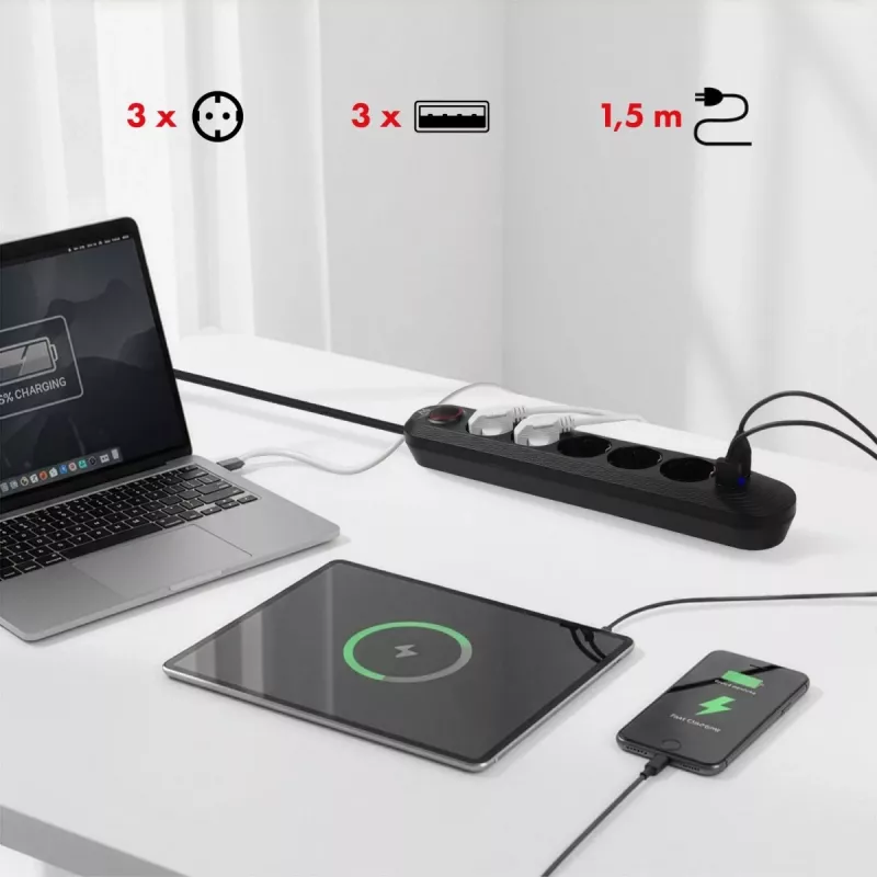Steckdosenleiste MACLEAN MCE395 B — 5 Steckdosen, 3×USB, 110–240V AC, 2,1A USB, 2500W, 1,5 m Kabel, schwarz