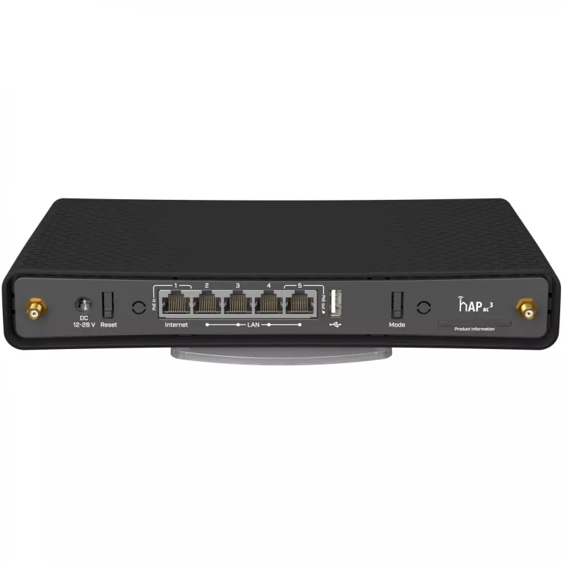 Tischrouter MikroTik hAP ac³ Dualband Wi‑Fi 5, Qualcomm IPQ4019 719 MHz, 5x Gigabit RJ‑45, 1x USB, PoE, 2 externe Antennen, schwarz
