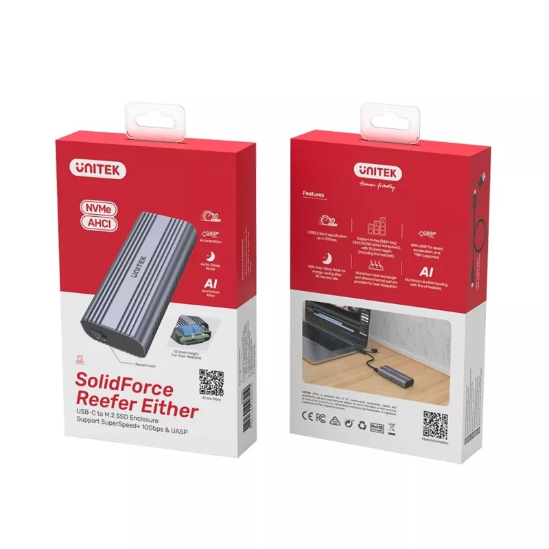 SSD-Gehäuse Unitek SolidForce Reefer Grau – M.2 NVMe PCIe, USB‑C 10 Gbit/s, Aluminium, 1 Laufwerk
