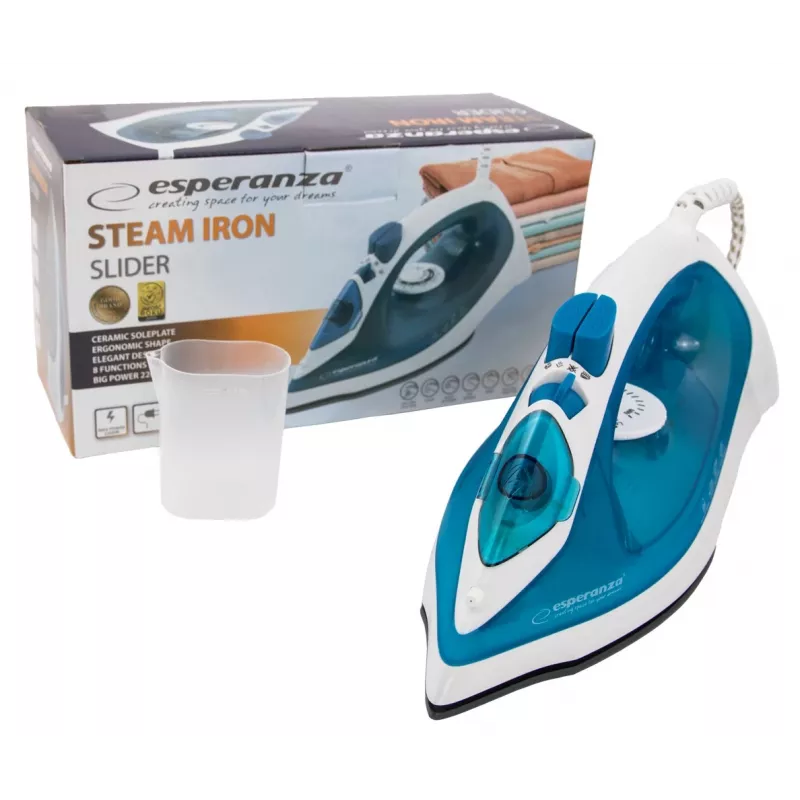 Dampfbügeleisen ESPERANZA EHI002 — 2200 W, Keramiksohle, Vertikaldampf, 0,815 kg, weiß/blau