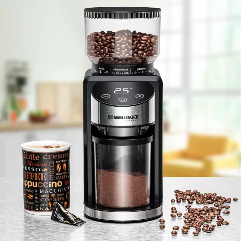 Kaffeemühle mit Kegelmahlwerk Rommelsbacher EKM 400 — kegelförmige Edelstahlmahlwerke, 35 Mahlgrade, 12 Dosen, 130 g Behälter