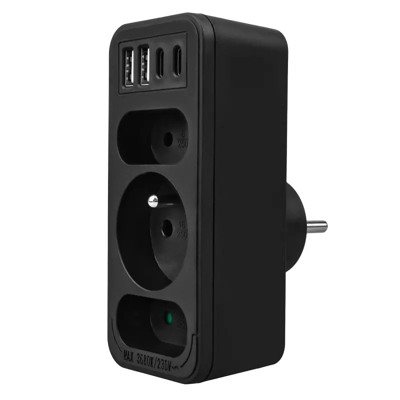 Power-Splitter MACLEAN MCE248 F/B — 3 AC-Steckdosen (1x16A, 2x6A) und 4 USB-Anschlüsse (2xUSB‑A, 2xUSB‑C PD 20W), EU-Stecker, schwarz