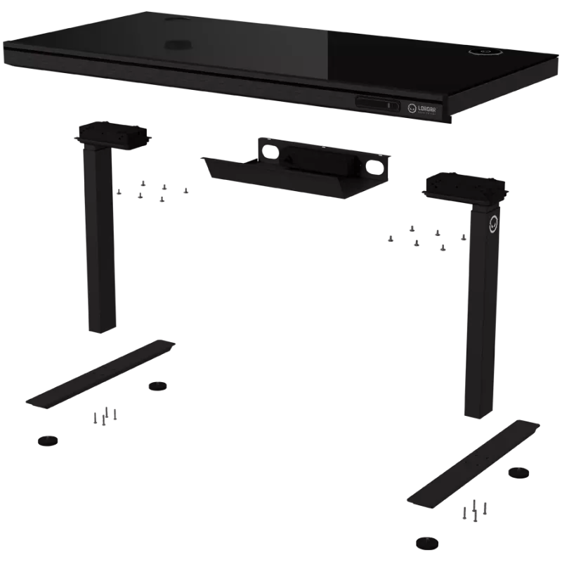 Höhenverstellbarer Gaming-Schreibtisch mit zwei Motoren, Sitz-/Stehfunktion, kabellosem Ladegerät, RGB-Beleuchtung, Bedienfeld und USB-Anschlüssen, Tischplatte aus gehärtetem Glas, schwarz