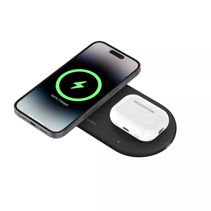 Belkin WIZ021VFBK – 2-in-1 kabellose Ladestation mit Qi2-Technologie 15 W, Schwarz