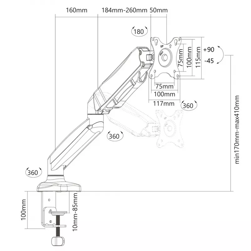 Monitorhalterung MONTIS MT014 für 1 Display, Tischmontage, Gasfeder-Höhenverstellung, für Bildschirme bis 81,3 cm (32 Zoll), max. Belastung 8 kg, schwarz