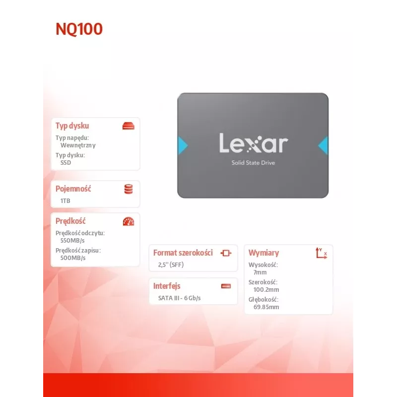 2,5-Zoll-SATA-III-SSD Lexar NQ100 1 TB – Lesegeschwindigkeit 550 MB/s, 6 Gbit/s Übertragung