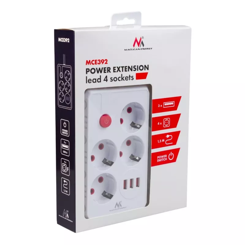Steckdosenleiste MACLEAN MCE392 W — 4 F-Steckdosen, 3×USB A, 110–240 V, 2,1 A max, 2500 W, 1,5 m Kabel, weiß