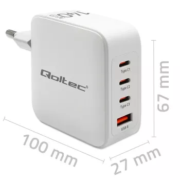 Ladegerät QOLTEC 51828 140W GaN 3×USB‑C PD + 1×USB‑A QC 3.0 – Multiport-Schnellladegerät