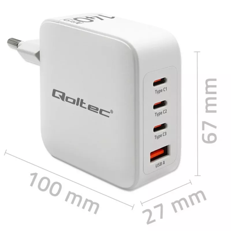 Ladegerät QOLTEC 51828 140W GaN 3×USB‑C PD + 1×USB‑A QC 3.0 – Multiport-Schnellladegerät