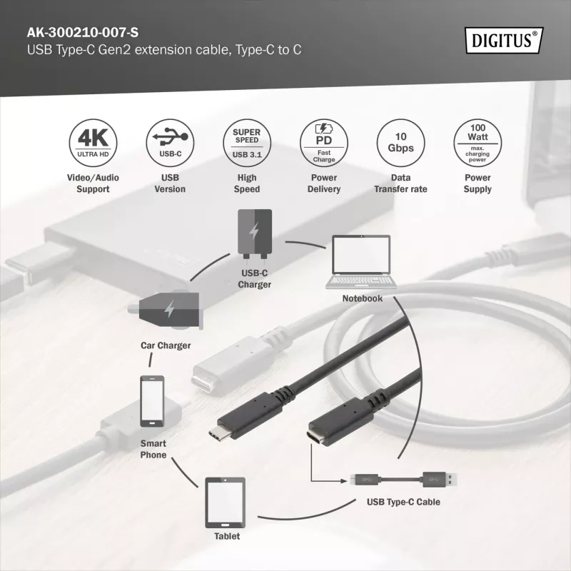 USB-Typ-C-Verlängerungskabel Digitus AK-300210-007-S 0,7 m