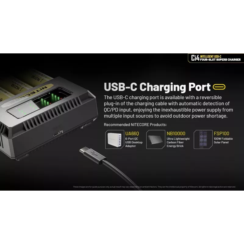 Batterieladegerät Nitecore Ci4 — universelles USB-Ladegerät für Lithium‑Ionen / NiCd / NiMH, 5/9/12V Eingang, 3A, Kunststoff, 0,1914 kg