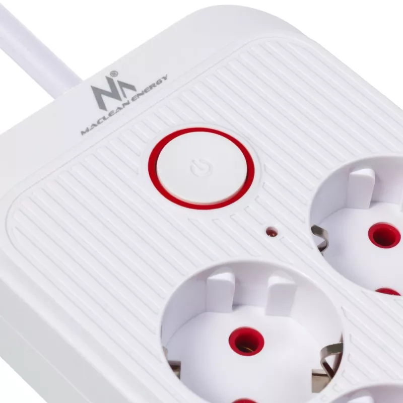 Steckdosenleiste MACLEAN MCE389 W — 6 Steckdosen, 4×USB-A, 1×USB-C, 2500W, 110–240V, 1,5 m Kabel, weiß