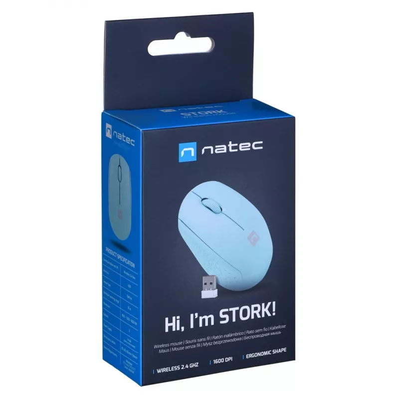 Kabellose beidhändige Maus NATEC STORK – Bluetooth + USB Typ-A, 1600 DPI, 3 Tasten, Hellblau