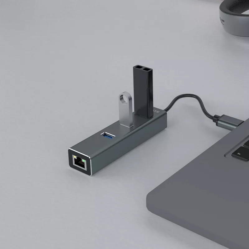 SAVIO USB-A-Hub mit RJ-45 Gigabit Ethernet AK-57 — 3× USB-A + RJ-45, USB 3.2 Gen 1 Micro‑B Host, 5 Gbit/s, 4 Ports, grau