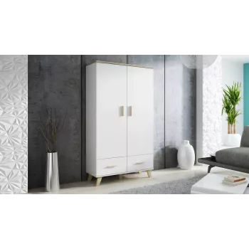 Kleiderschrank cama meble LOTTA 2D2D, 2 Türen, Sonoma-Eiche-Rahmen mit weißen Fronten, 1100×550×1900 mm