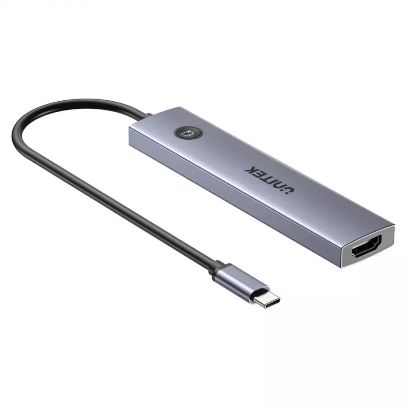 USB-C-Hub Unitek H1124AGY01 mit 100W PD, HDMI 2.0, 2x USB‑A, 2x USB‑C, SD/microSD-Kartenleser — Aluminium