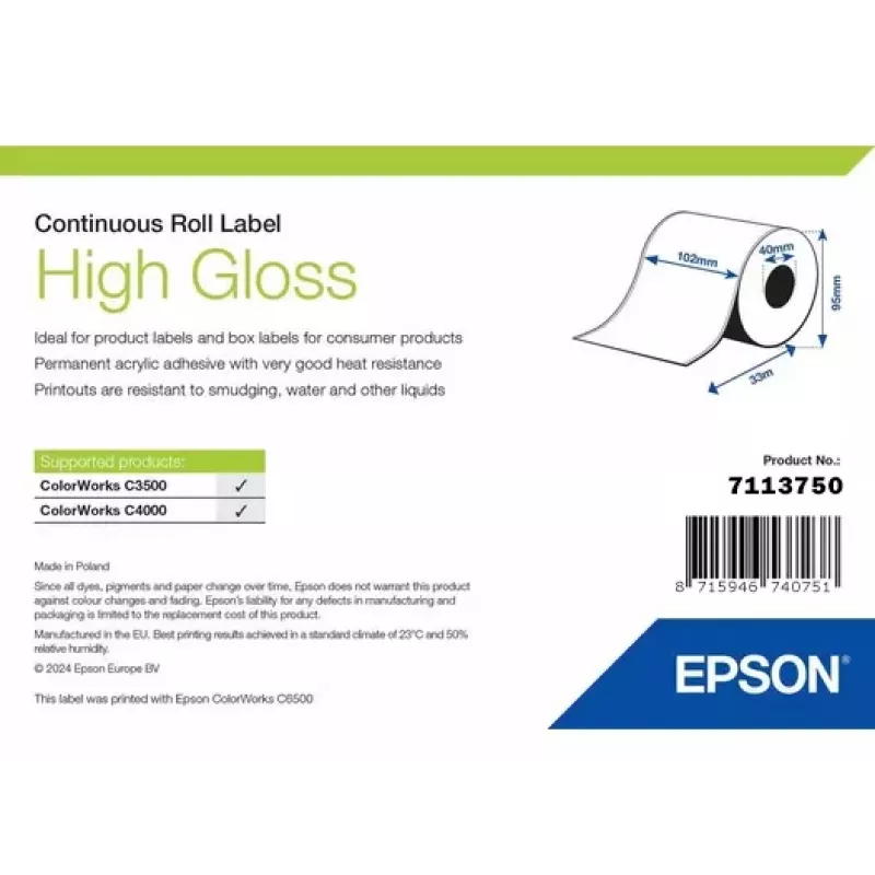 Etikettenrolle Epson 7113750 Hochglanz, 102 mm Breite x 33.000 mm Länge