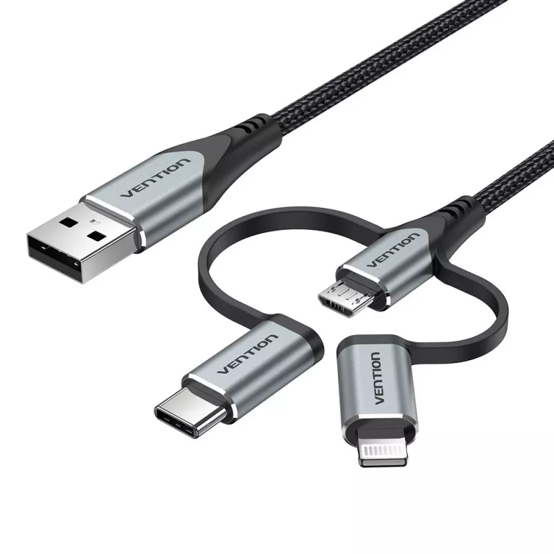Vention USB 2.0 A Stecker auf 3-in-1 Micro-B&USB-C&Lightning Stecker Kabel 1M Grau Aluminiumlegierung
