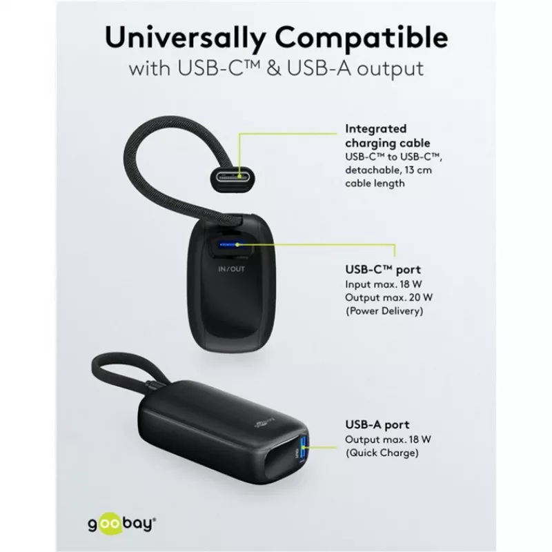 Powerbank 5.000 mAh, integriertes USB-C-Kabel 13 cm, 20 Watt (Schwarz, 5 Ah, 1x USB-A, 1x USB-C, PD, QC)
