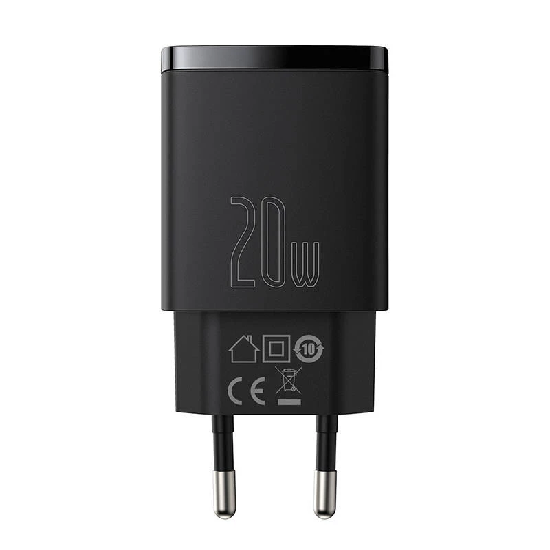Indoor USB-Schnellladegerät Baseus CCXJ-B01 – 2 Ports (USB-C PD 20W + USB-A QC3.0 18W), 100–240 V, Schwarz