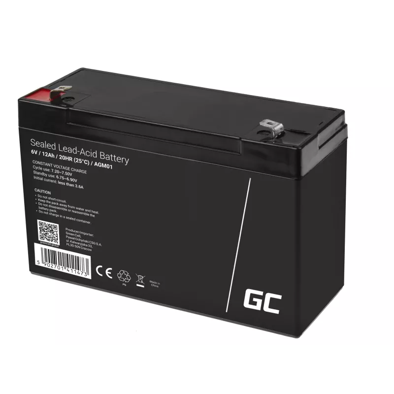 Versiegelte Blei-Säure (VRLA) AGM-Batterie Grün Cell 6V 12Ah, 94×151×50 mm, 1,65 kg