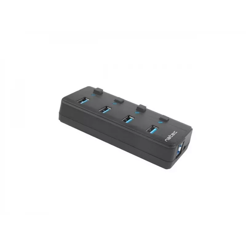 USB-Hub NATEC MANTIS USB 2.0 Type-B — 4x USB 3.2 Gen 1 Type-A Anschlüsse, schwarz, 0,8 m Kabel, Netzteil, Netzschalter