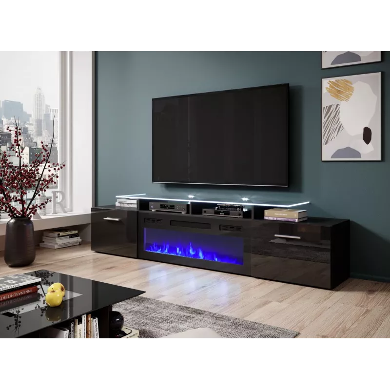 TV-Schrank Cama Meble ROVA mit elektrischem Kamin, 190x37x48 cm, Schwarz/Schwarz glänzend