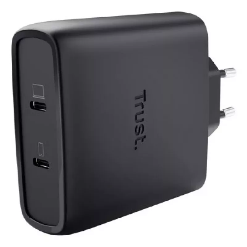 TRUST Maxo 100W 2-Port USB-C GaN Ladegerät — 100 W, 2× USB-C, max. 20 V, 2 m Kabel, schwarz