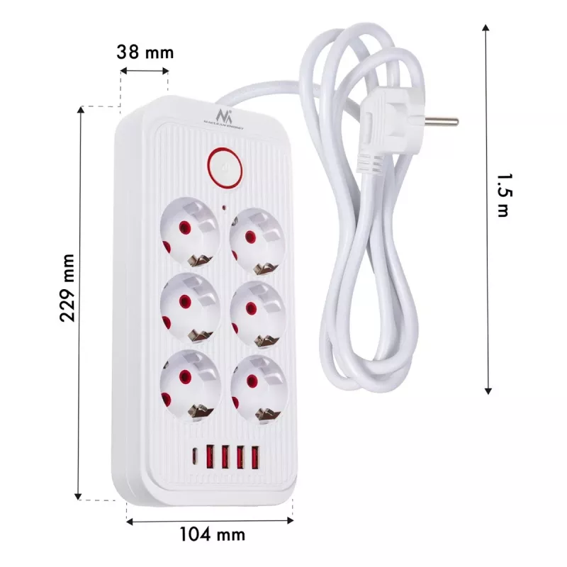 Steckdosenleiste MACLEAN MCE389 W — 6 Steckdosen, 4×USB-A, 1×USB-C, 2500W, 110–240V, 1,5 m Kabel, weiß
