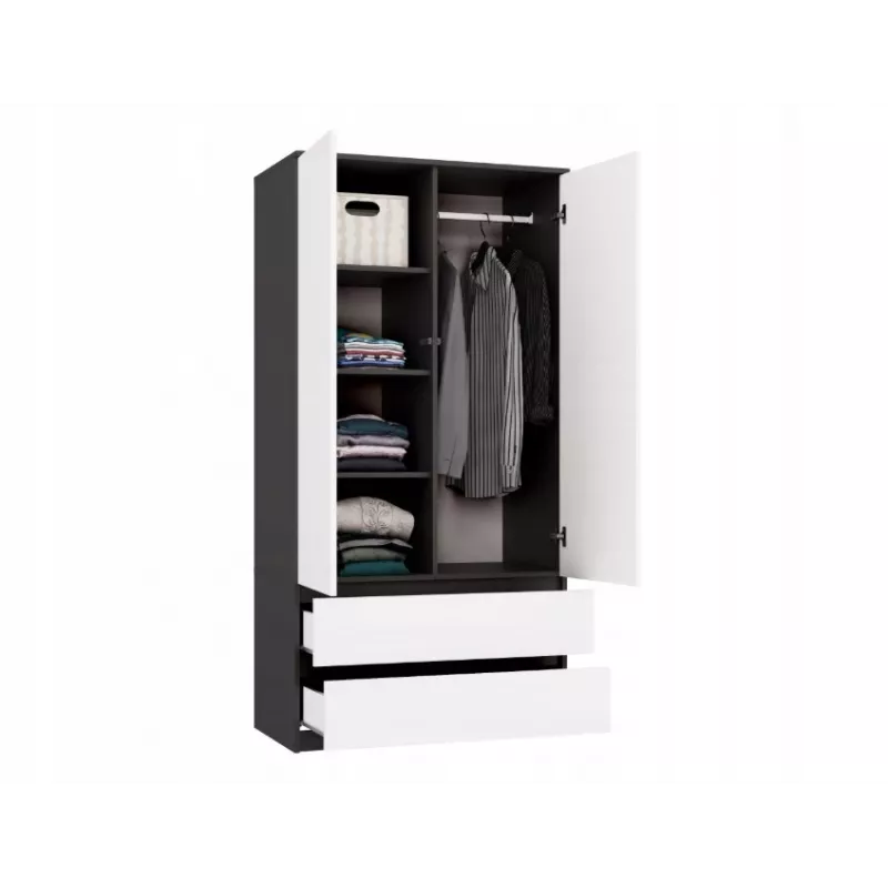Kleiderschrank top e shop MALWA SS-90, 90×180×50 cm, anthrazitfarbener Rahmen, weiße Drehtüren, 2 Schubladen, Laminat 16 mm