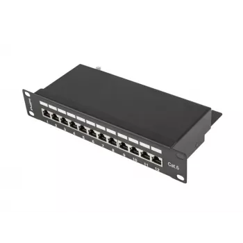 Patchpanel LANBERG PPF6-9012-B — 12-Port RJ45, Metall, schwarz, 1U (215×44,5×130 mm)