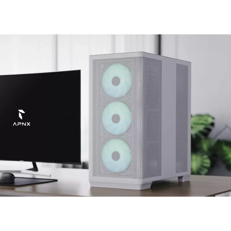 APNX PC Midi Tower C1-R-WT-v1 — Weiß, unterstützt ATX/Micro-ATX/Mini-ITX, 3x 120 mm Frontlüfter vorinstalliert, 3x 3,5-Zoll + 3x 2,5-Zoll Schächte, USB 3.2 Gen1 x2