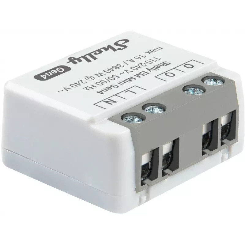 Smart-Relais Shelly Relay EM Mini Gen4 1-Kanal Wi‑Fi Matter Zigbee Bluetooth 8A, 110–240V, Energiezähler