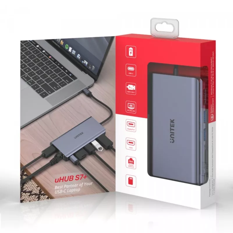 Hub UNITEK uHUB S7 USB 3.2 Gen 1 Type-C Grau