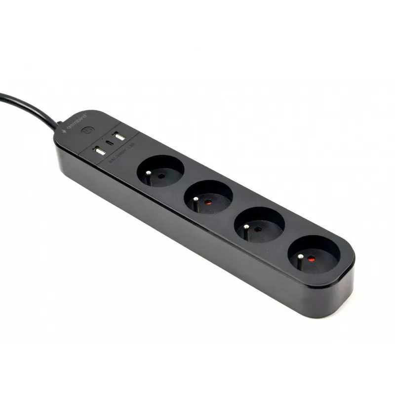 Steckdosenleiste GEMBIRD TSL-PS-F4U-02 mit 4 PL-Steckdosen und USB-Ladegerät, schwarz