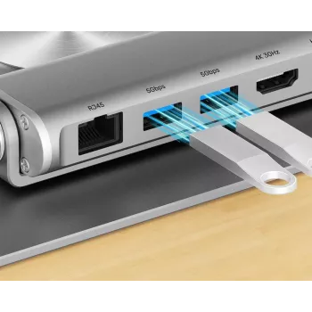Laptopständer Unitek D1109B01 — verstellbarer Aluminiumständer mit abnehmbarem USB‑C HDMI 4K PD 100W, 2x USB‑A, RJ‑45, für bis zu 17 Zoll