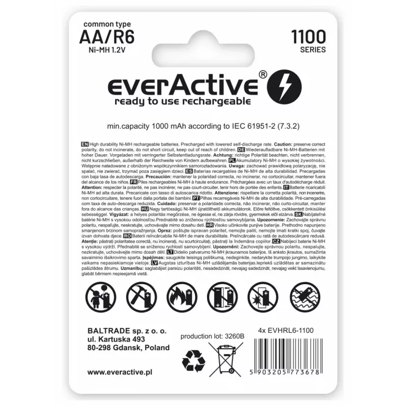 Wiederaufladbare NiMH-Akkus everActive EVHRL6-1100 1,2 V 1100 mAh — 4 Stück, zylindrisch