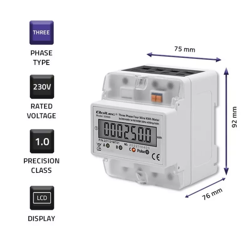 Dreiphasiger elektronischer Energiezähler QOLTEC 50900 400V LCD 4P