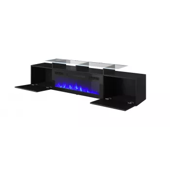 TV-Schrank Cama Meble ROVA mit elektrischem Kamin, 190x37x48 cm, Schwarz/Schwarz glänzend