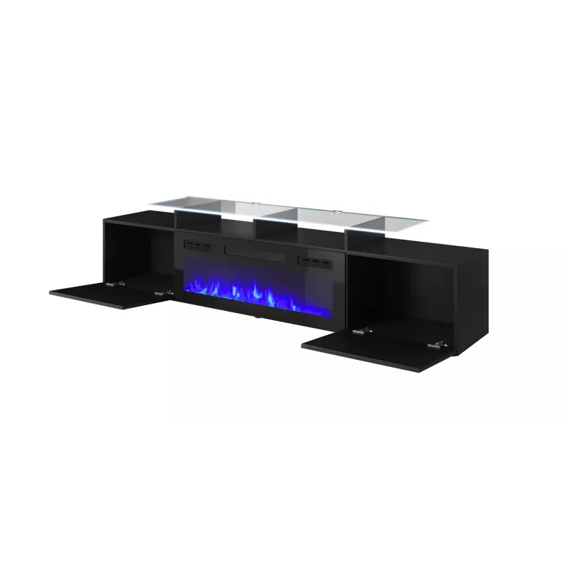 TV-Schrank Cama Meble ROVA mit elektrischem Kamin, 190x37x48 cm, Schwarz/Schwarz glänzend