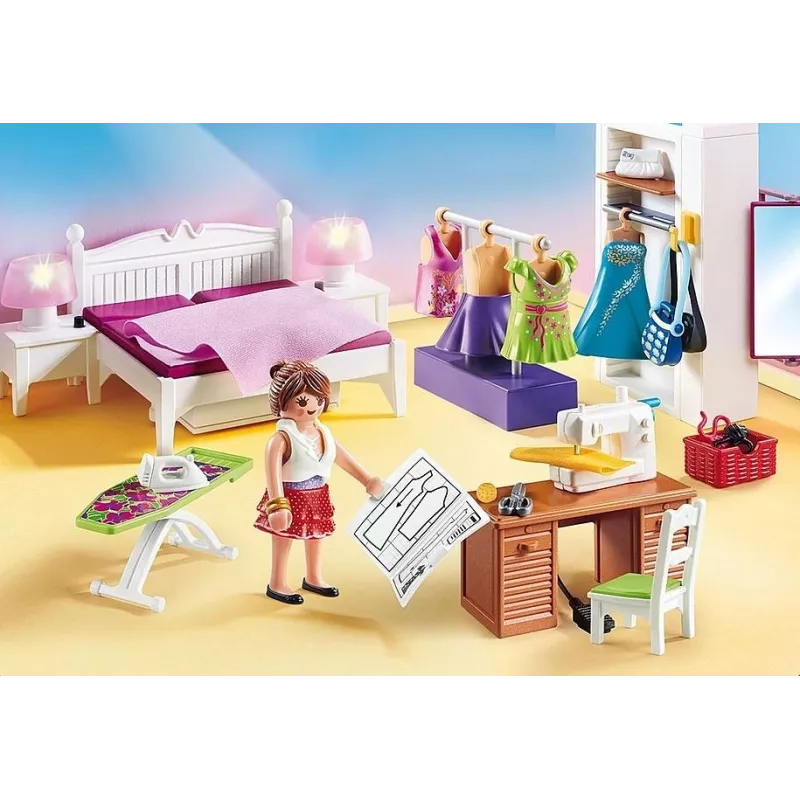 Playmobil Puppenhaus Spielset mit Figuren – Schlafzimmer mit Nähecke 70208