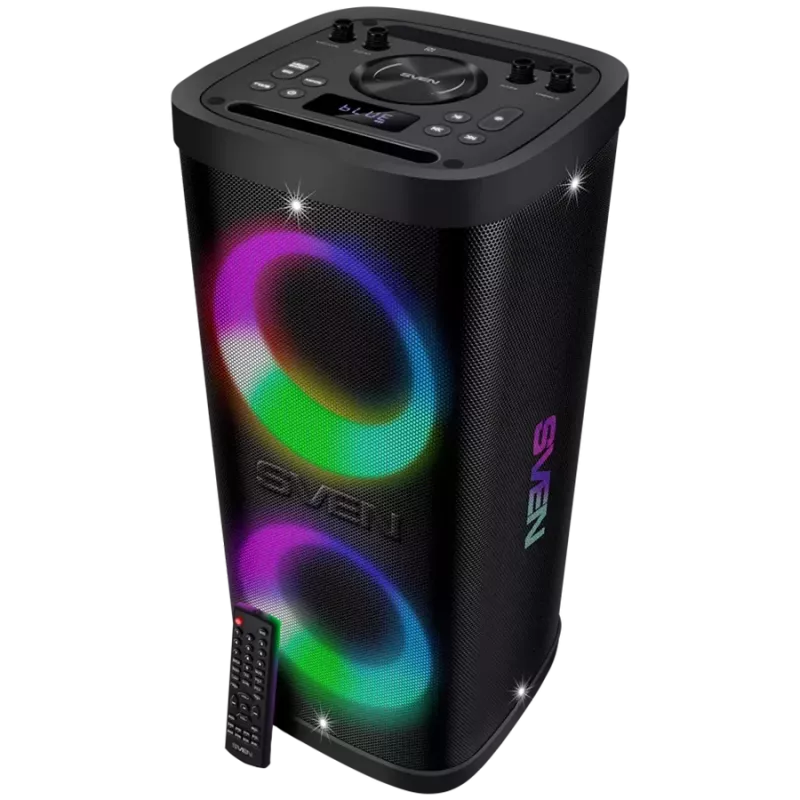 Tragbarer Lautsprecher SVEN PS-950, schwarz, Ausgangsleistung 2x80W (RMS), TWS, Bluetooth, IPx4, FM, USB, microSD, LED-Display, Lithium-Akku