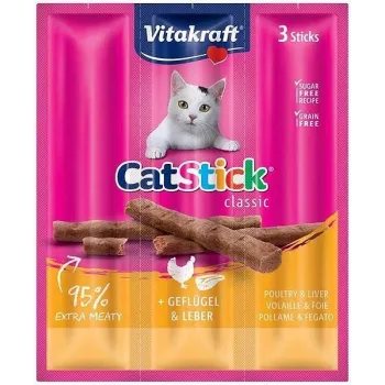 Katzenleckerli Vitakraft CatStick Mini Geflügelleber — fleischige feste Snacks, 3 Stück, 18 g, getreidefrei