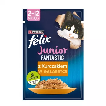 Nassfutter für Katzen Purina Nestlé Felix Fantastic Junior 85 g Beutel — Huhn, 77,5 % Feuchtigkeit, 13,5 % Protein