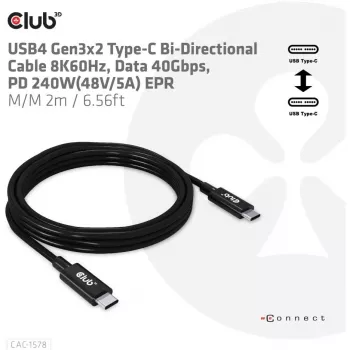 CLUB3D USB4 Gen3x2 Type-C bidirektionales Kabel 8K60Hz, Daten 40Gbps, PD 240W(48V/5A) EPR M/M 2m / 6.56ft